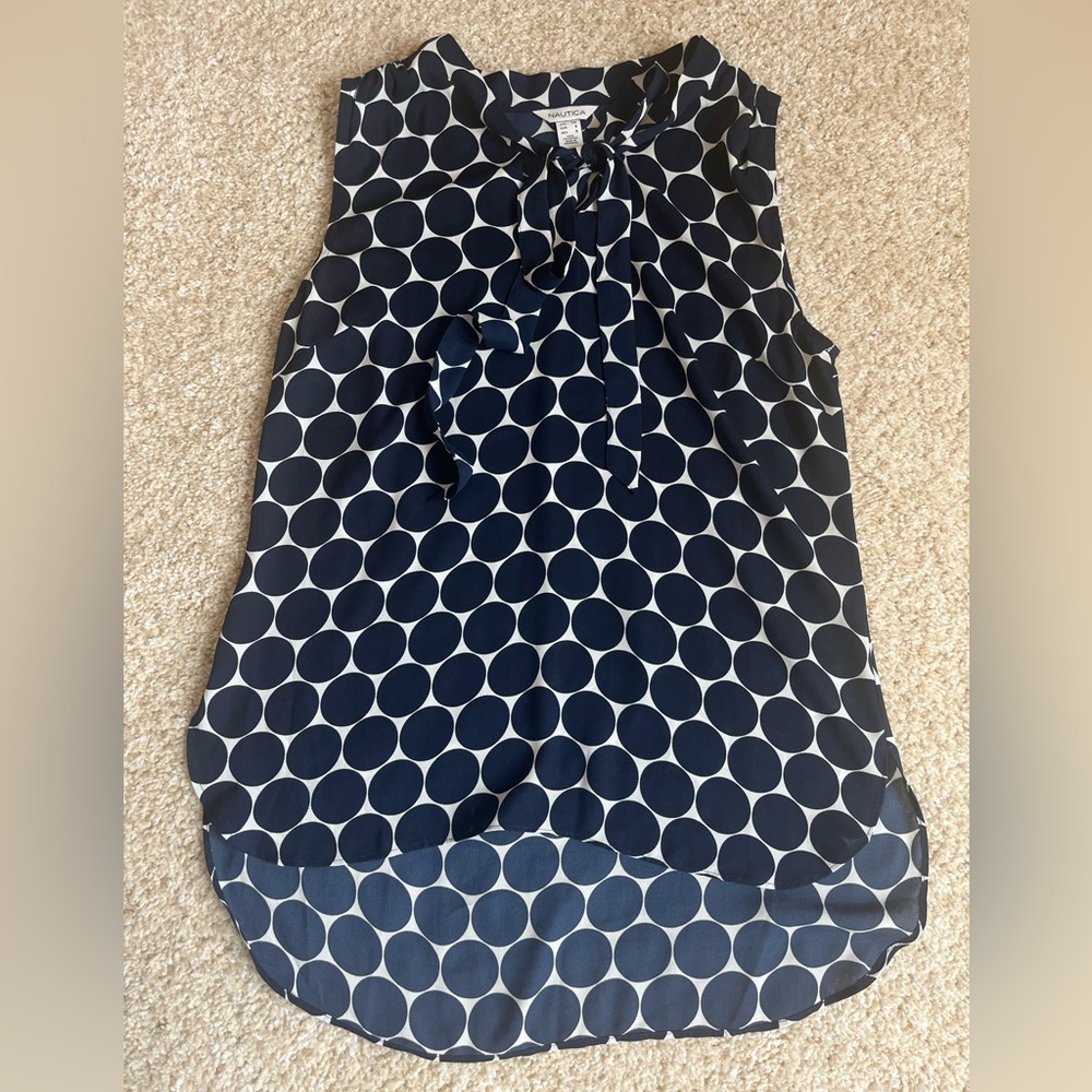 Nautica White and Blue Tie Collar Sleevless Blouse